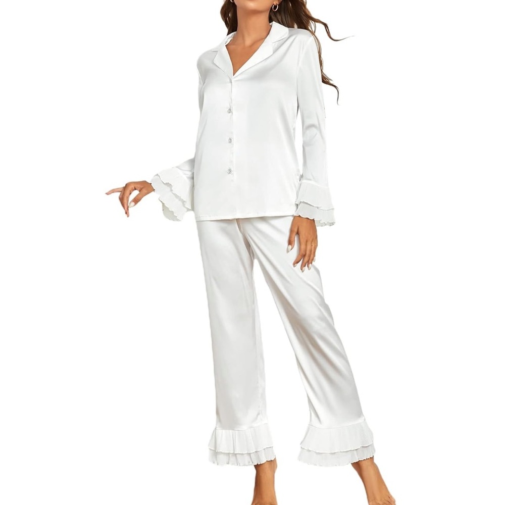 White Pajama Set - Satin w/ Ruffles